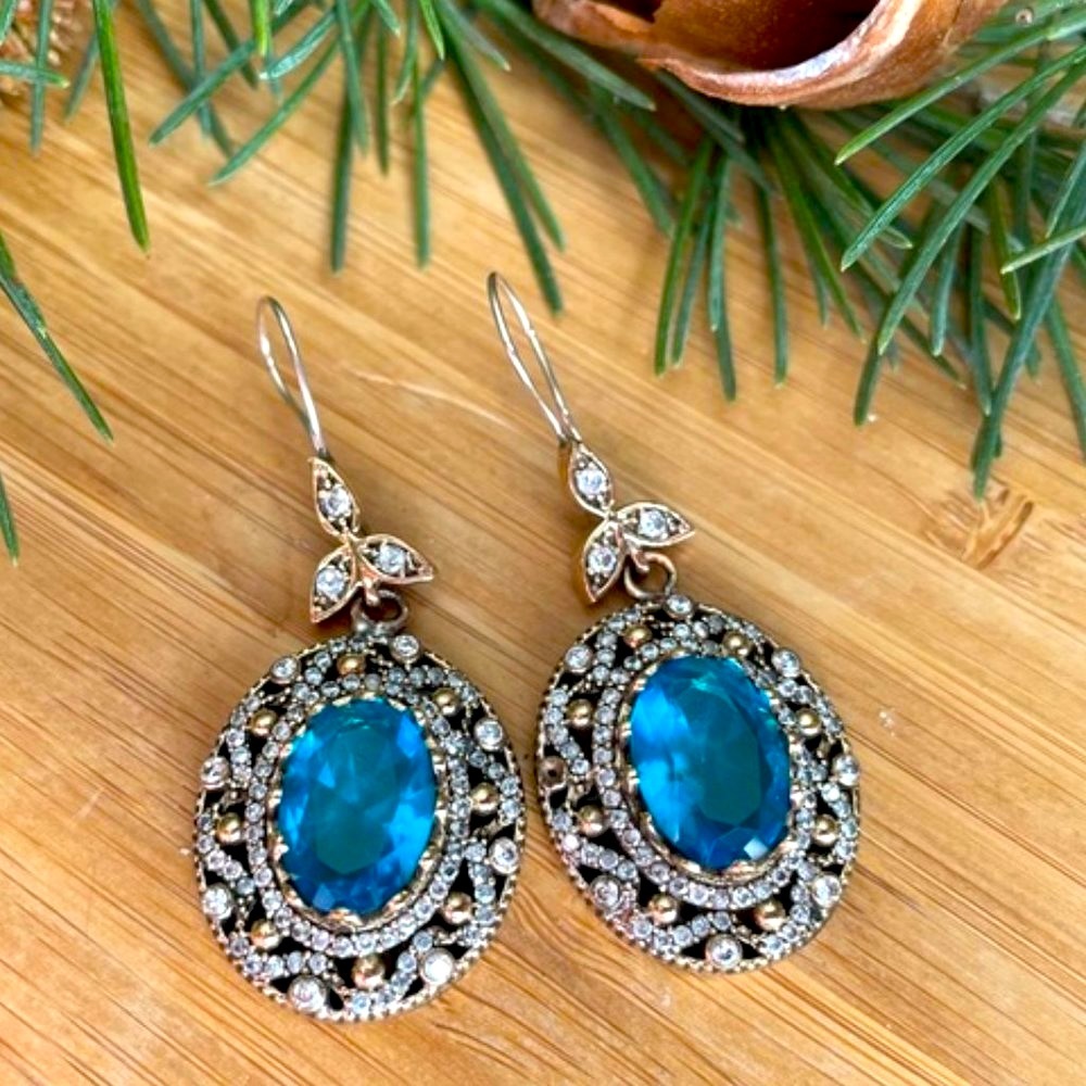 925 Sterling Silver, Aquamarine & Topaz, Earrings